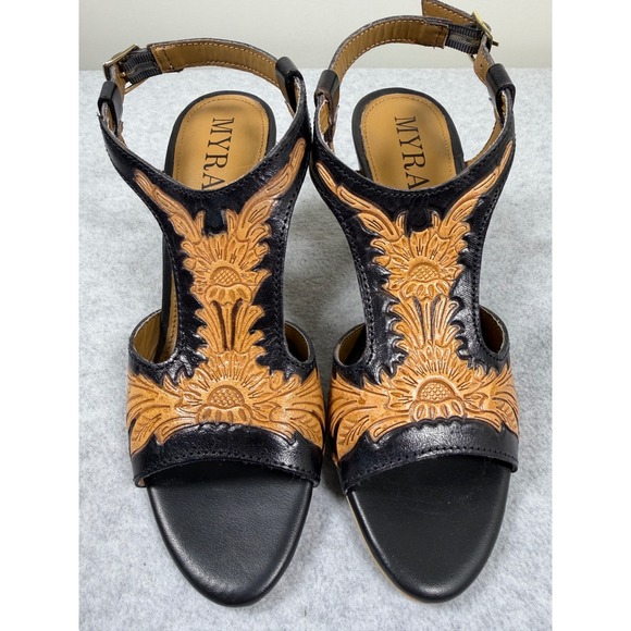 Myra Shoes - Myra Handtooled Leather Heels Rodeo Rose Natural Brown Sandals Western Cowgirl